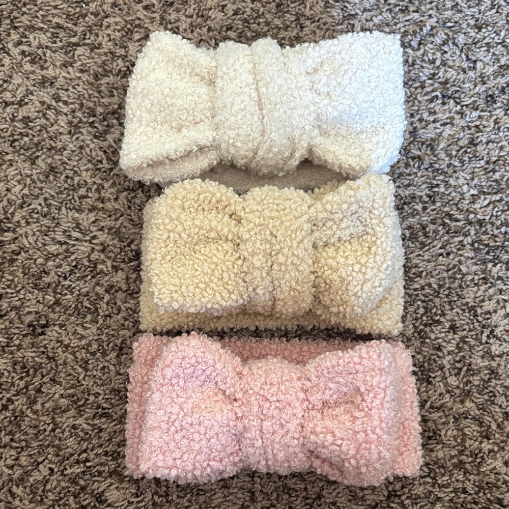 Milky knot co. Newborn teddy Headband Trio - White, Tan, and Pink